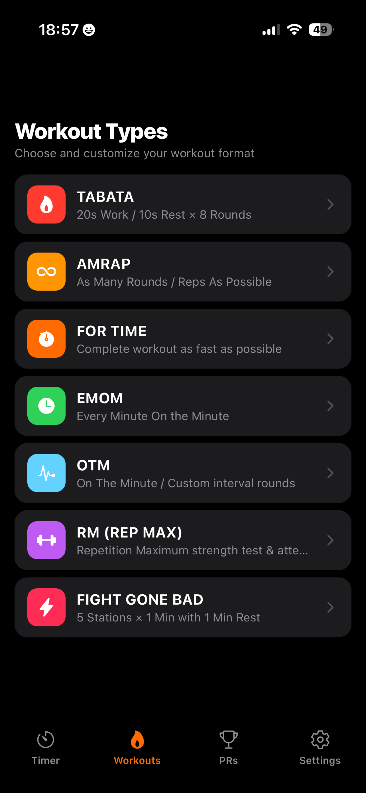 Timer Gym Workout Types Screen