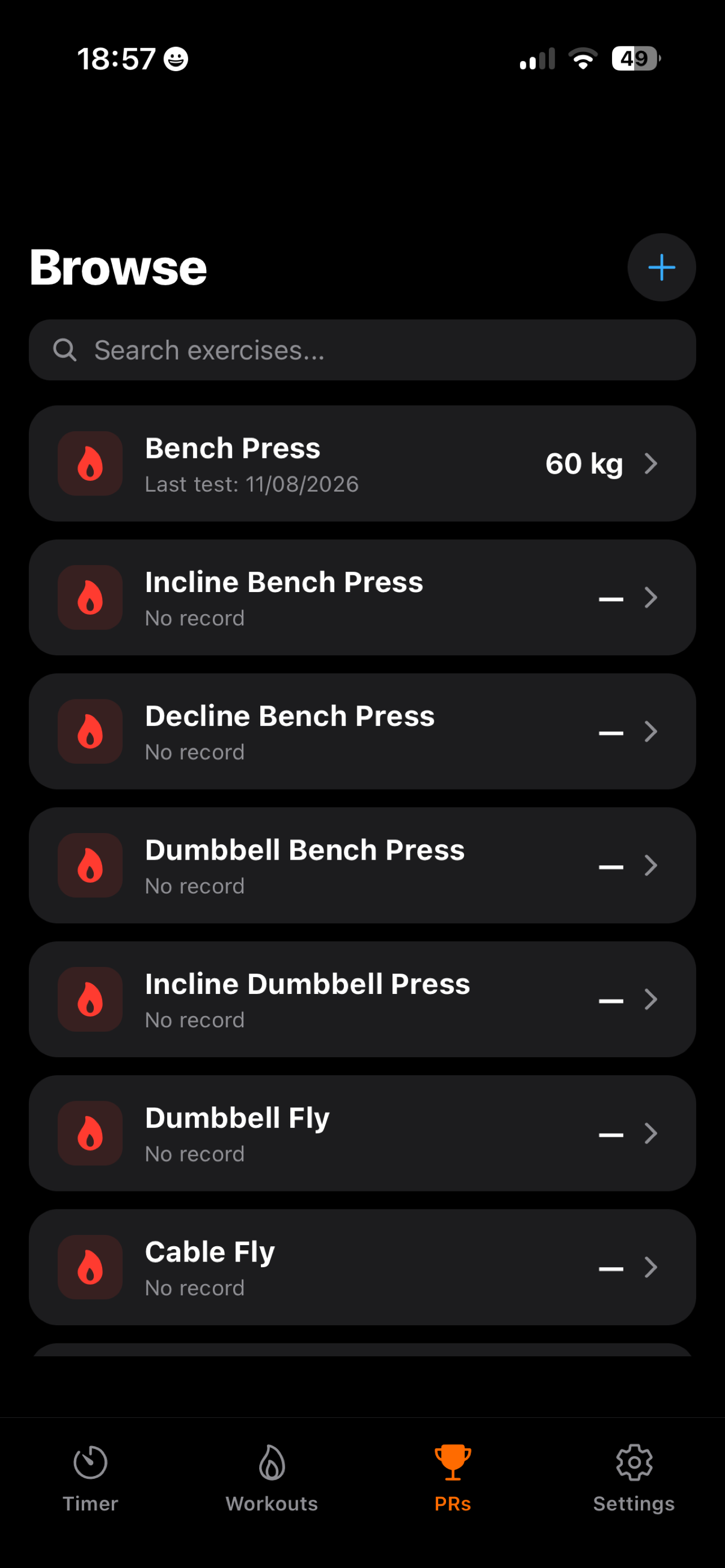 Timer Gym PRs and Exercise Directory Screen