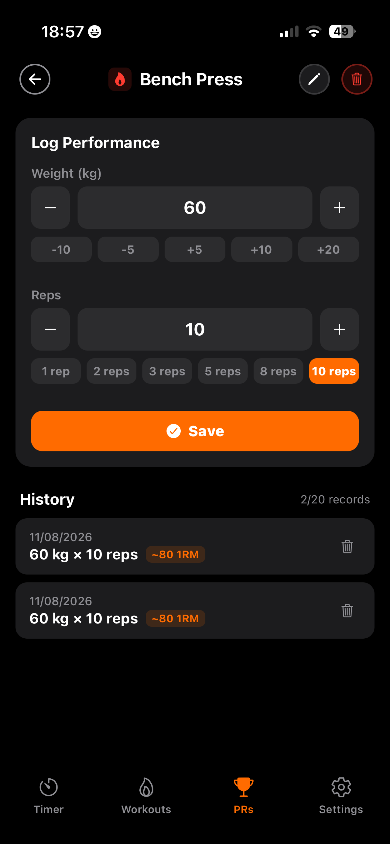 Timer Gym Performance Logging and 1RM Calculation Screen