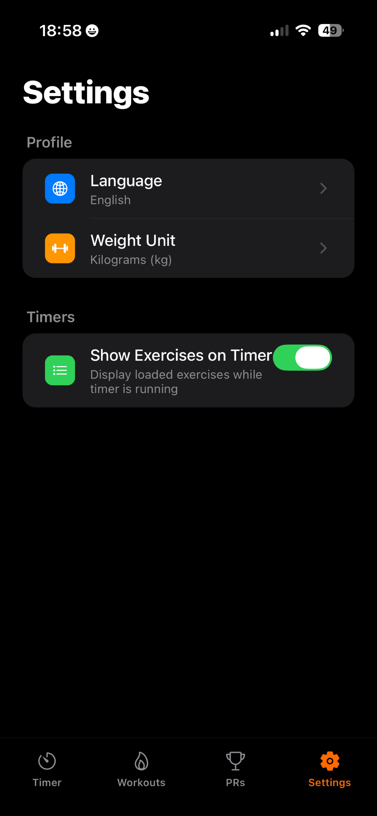 Timer Gym Settings and Preferences Screen